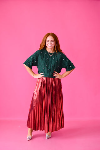 Sofie Metallic Pleated Midi Skirt in Red