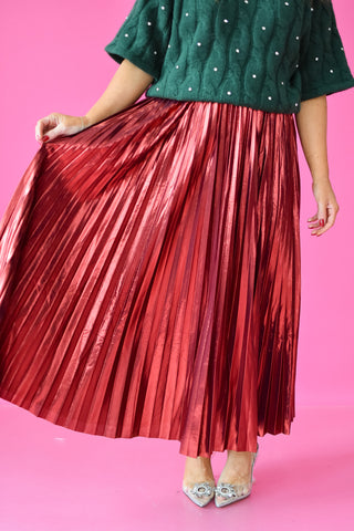 Sofie Metallic Pleated Midi Skirt in Red