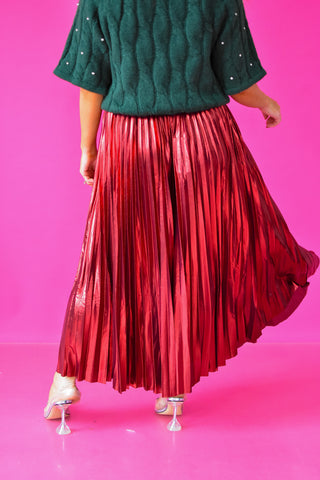 Sofie Metallic Pleated Midi Skirt in Red