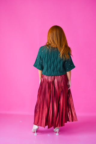 Sofie Metallic Pleated Midi Skirt in Red