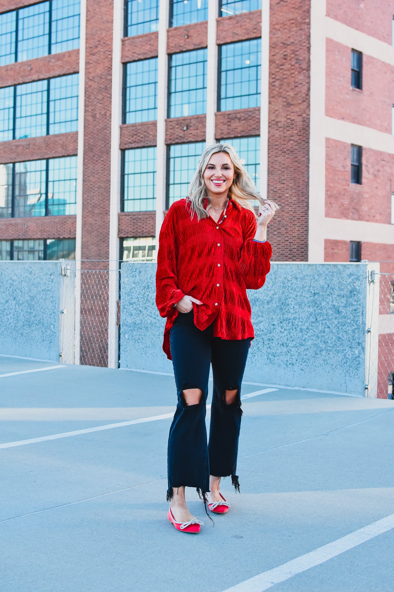 Barbara Velvet Button Down in Red