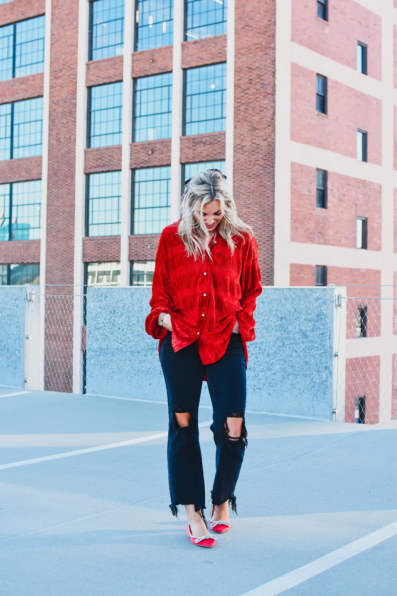 Barbara Velvet Button Down in Red