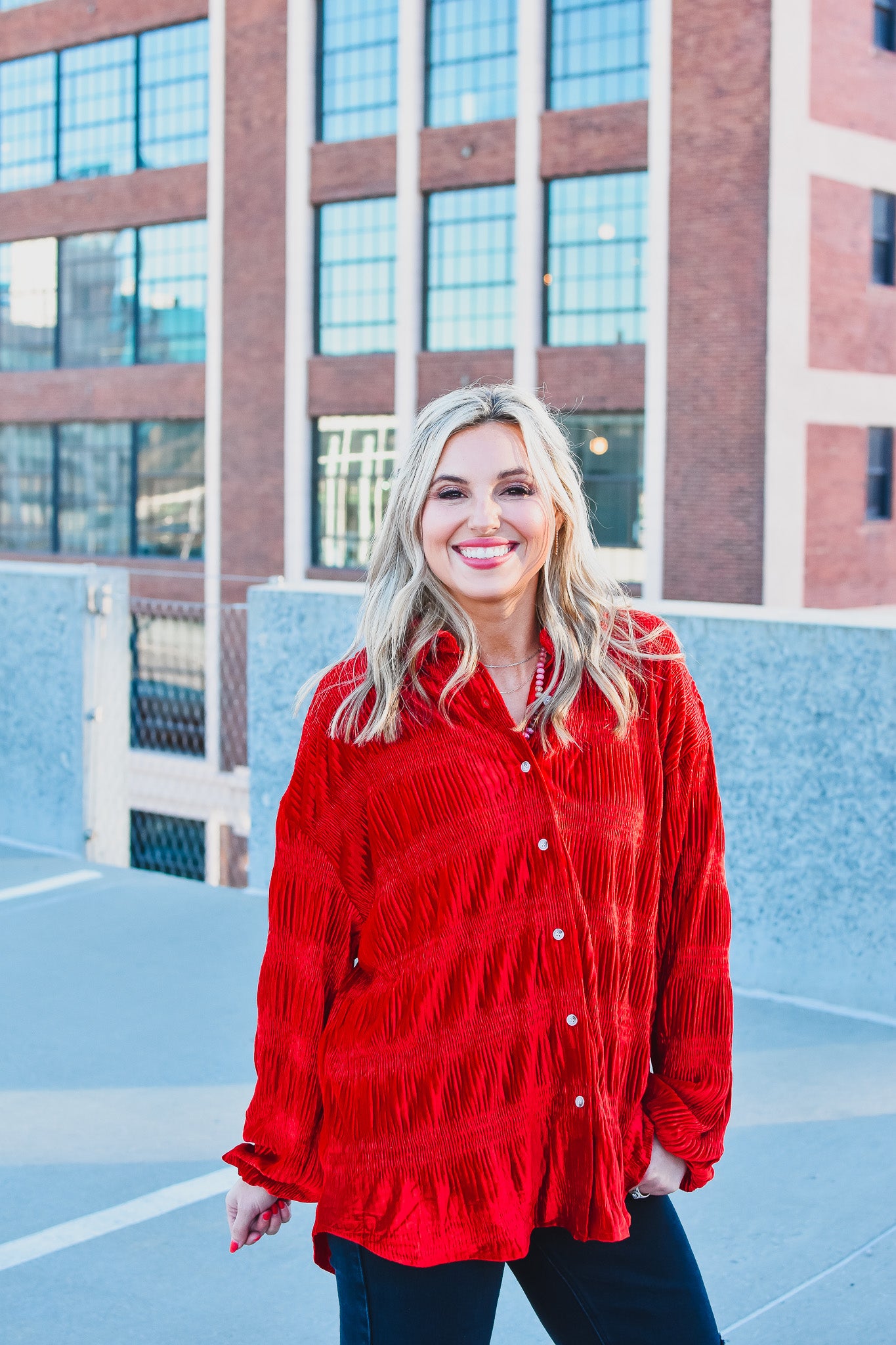Barbara Velvet Button Down in Red
