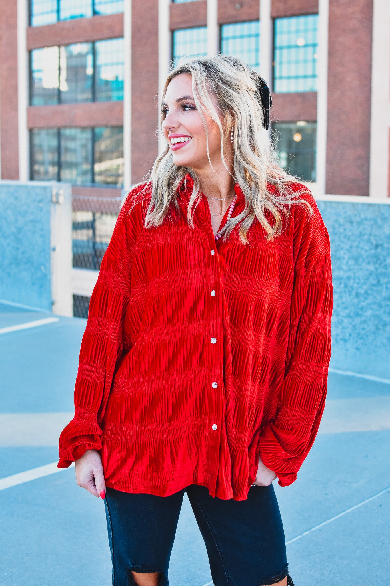 Barbara Velvet Button Down in Red