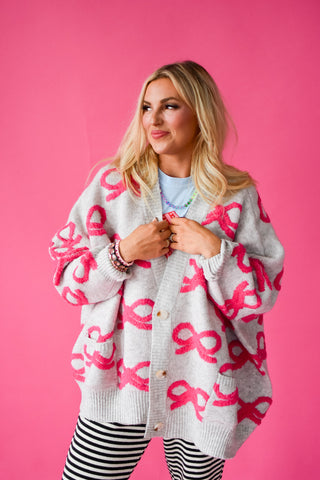 Taryn Bow Cardigan in Grey/Hot Pink