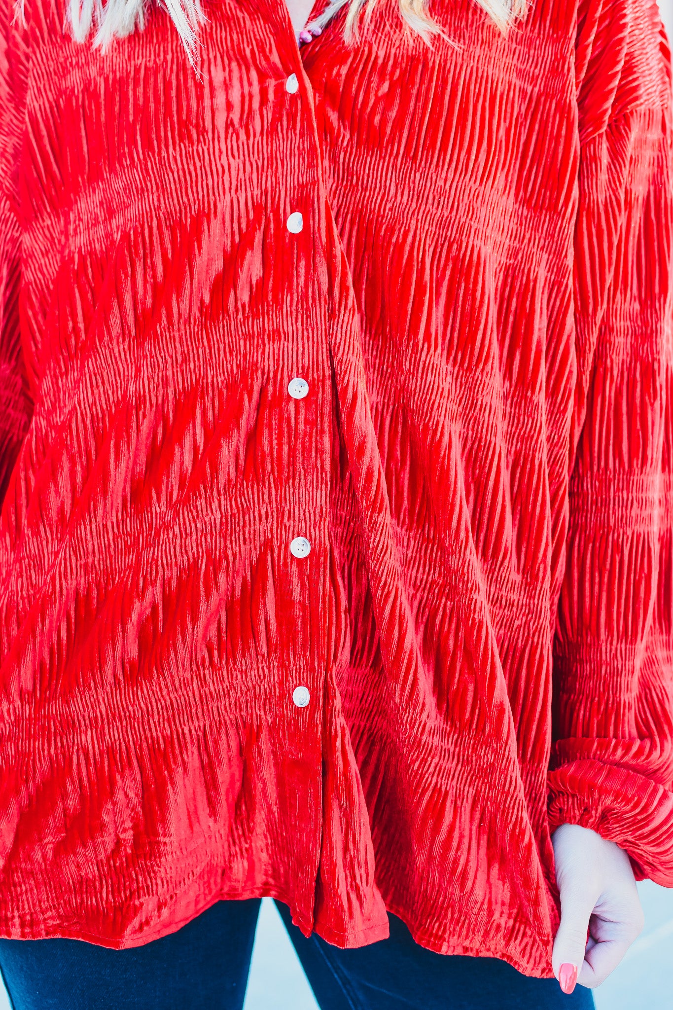 Barbara Velvet Button Down in Red