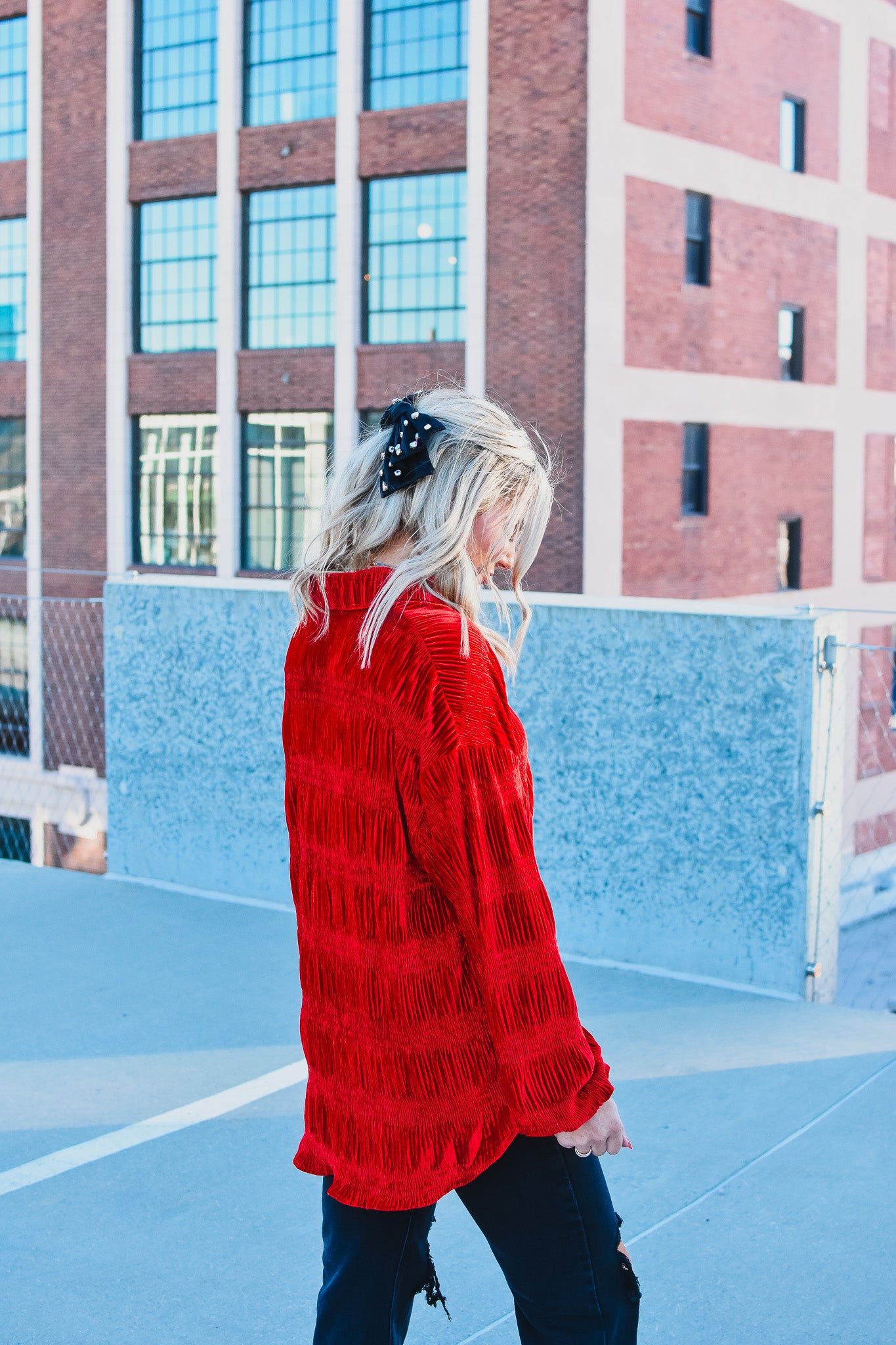 Barbara Velvet Button Down in Red