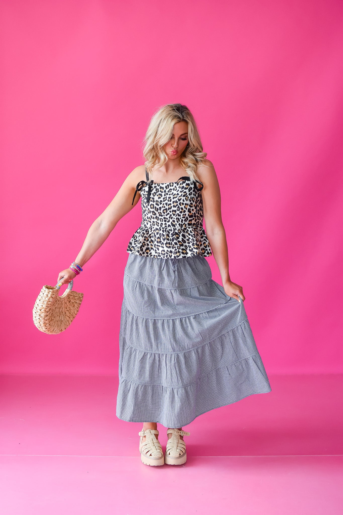 Ella Gingham Midi Skirt in Black/White