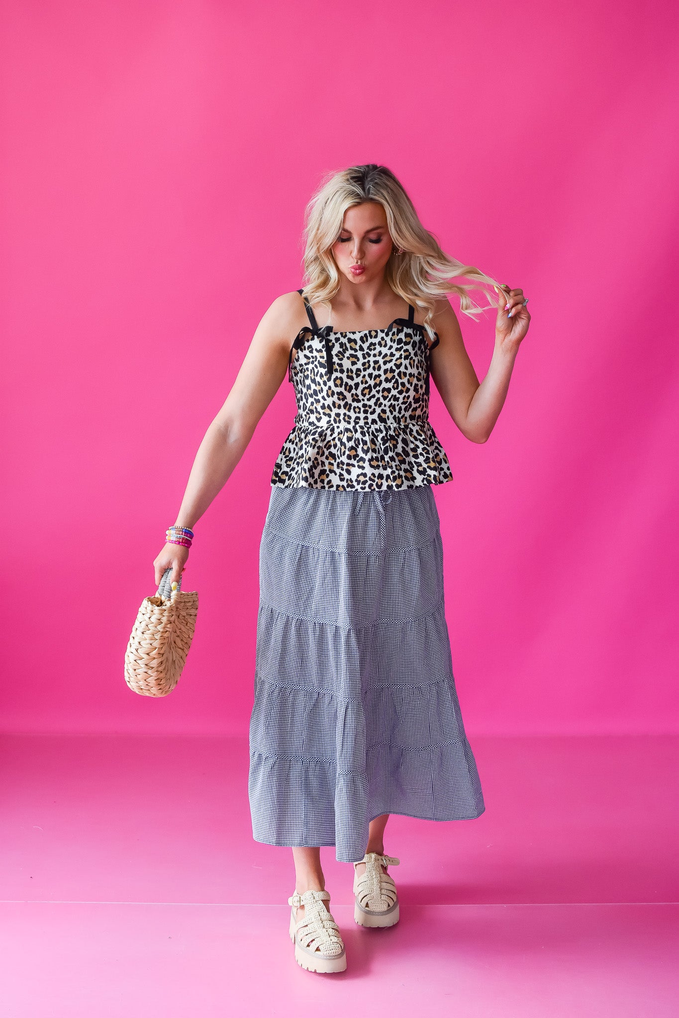 Ella Gingham Midi Skirt in Black/White