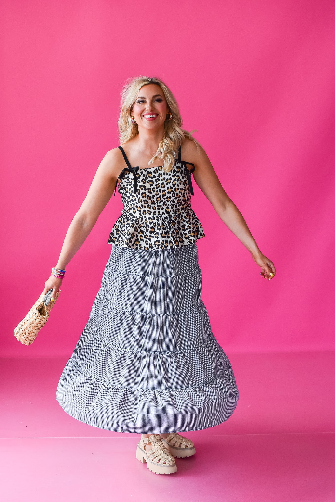 Ella Gingham Midi Skirt in Black/White