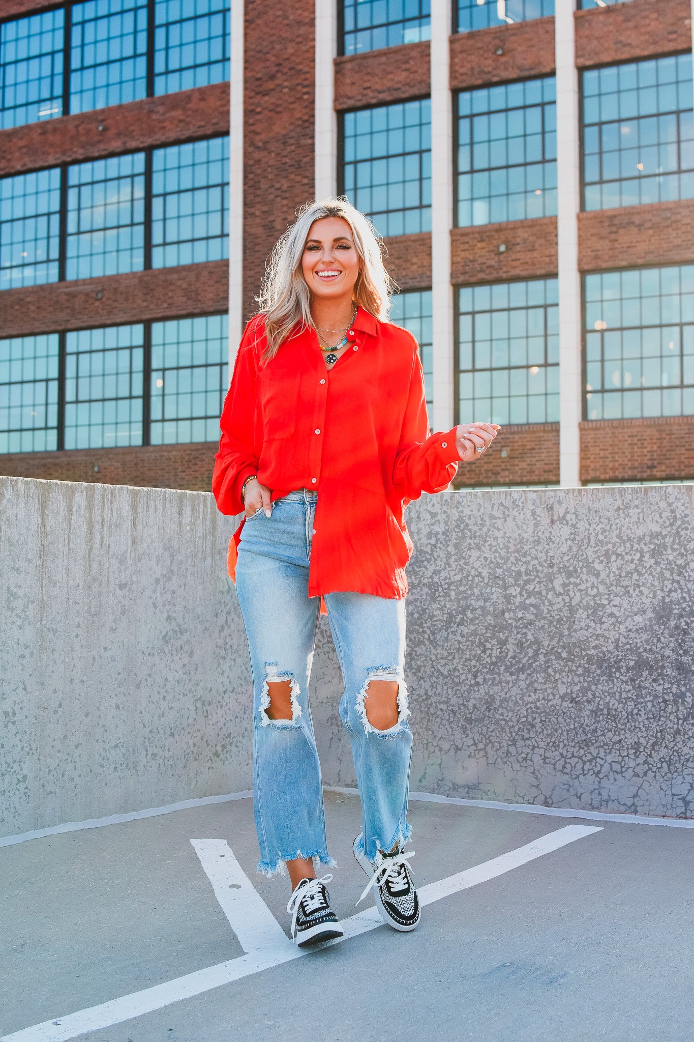 Delilah Button Down Shirt in Red - RESTOCK