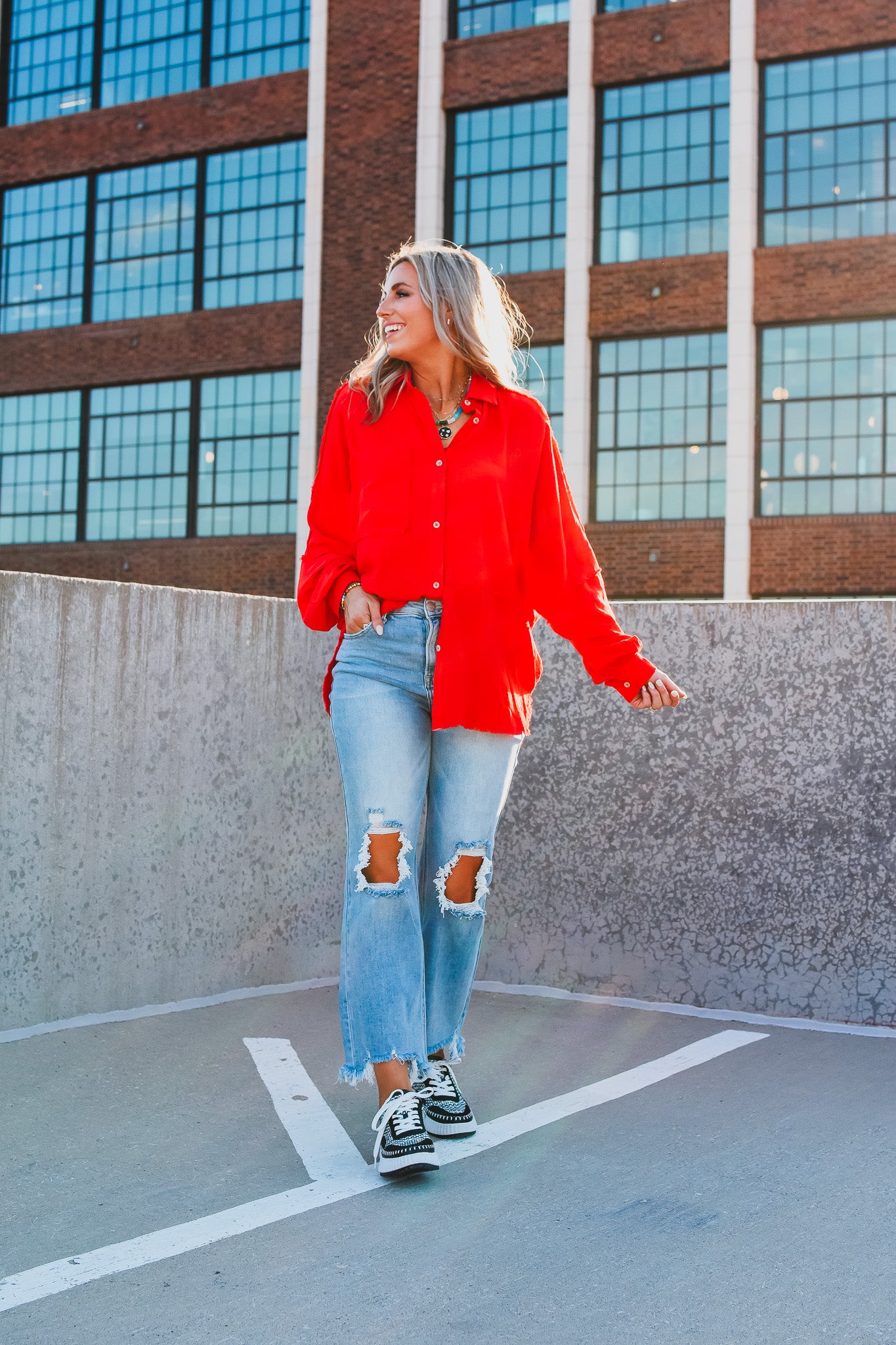 Delilah Button Down Shirt in Red - RESTOCK