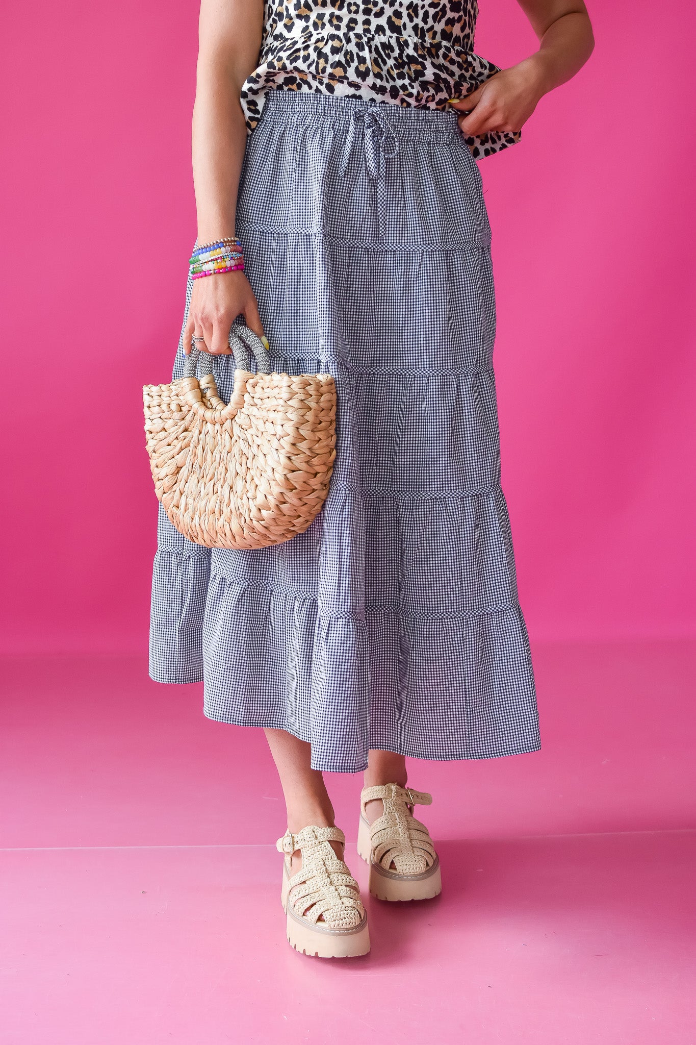 Ella Gingham Midi Skirt in Black/White
