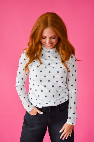 Holly Polka Dot Mesh Mock Neck in White/Black