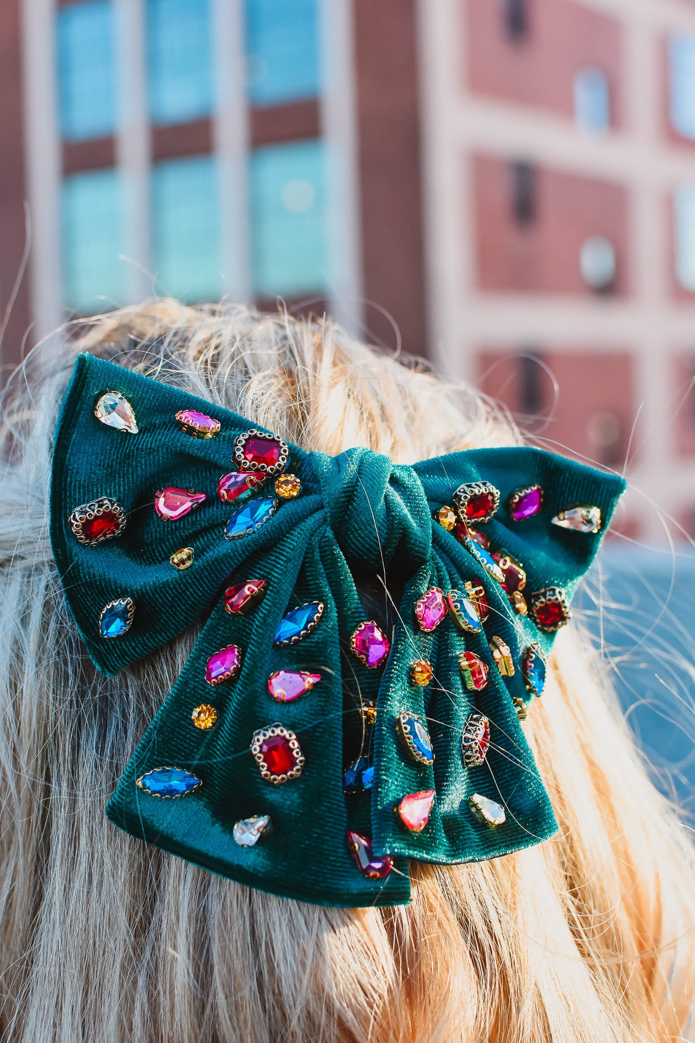 Green Velvet Rhinestone Bow Clip