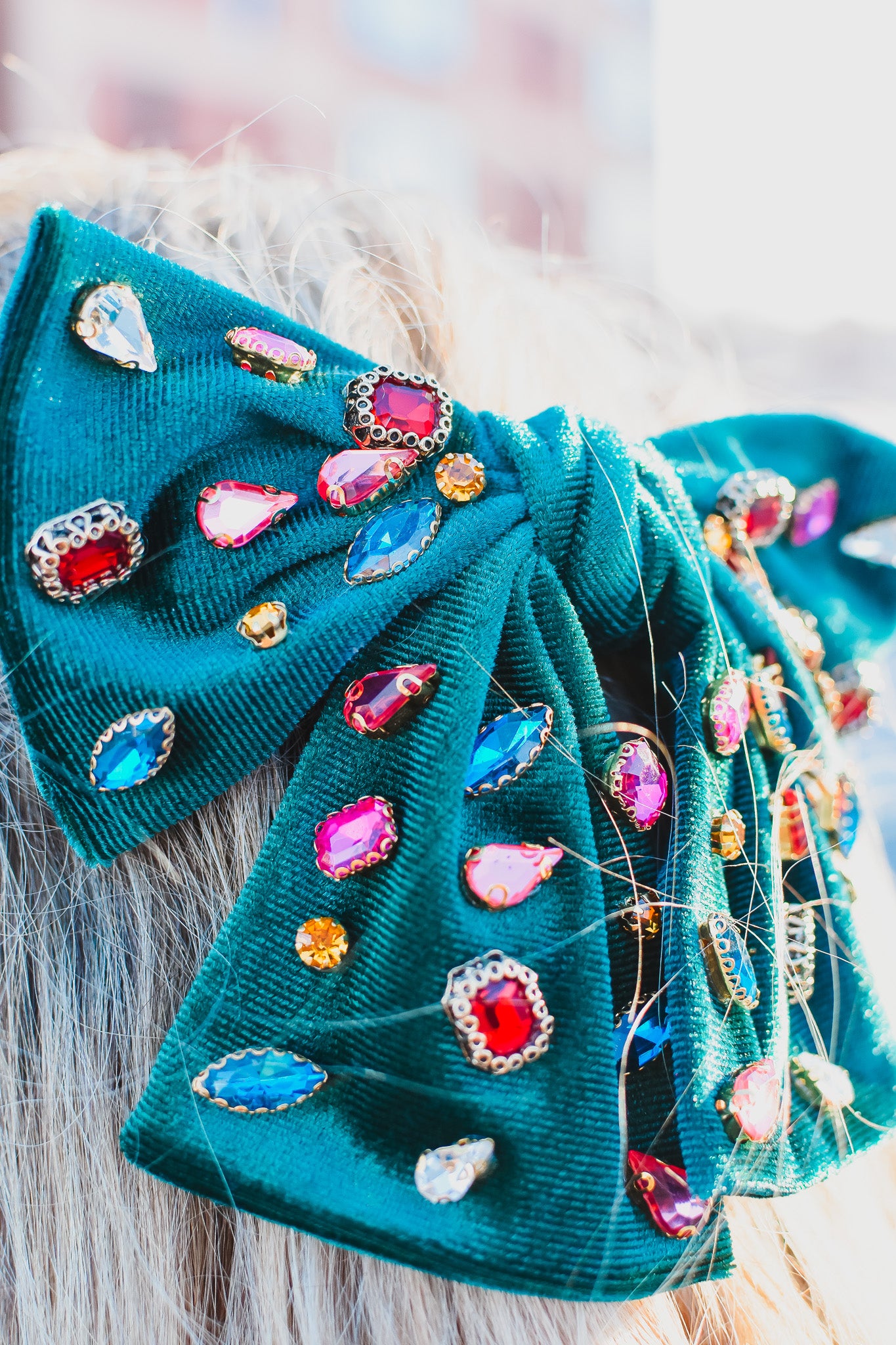 Green Velvet Rhinestone Bow Clip