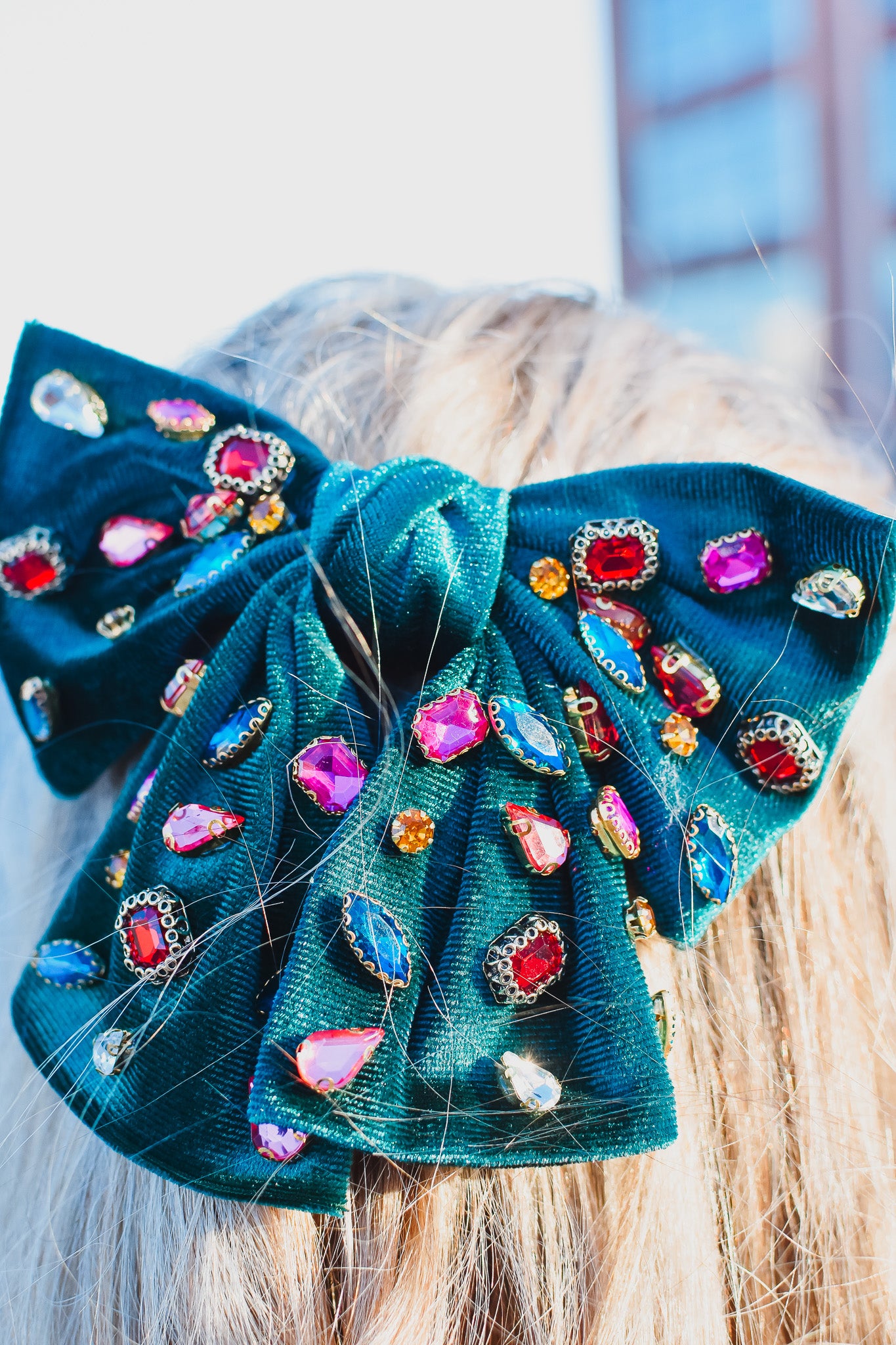 Green Velvet Rhinestone Bow Clip