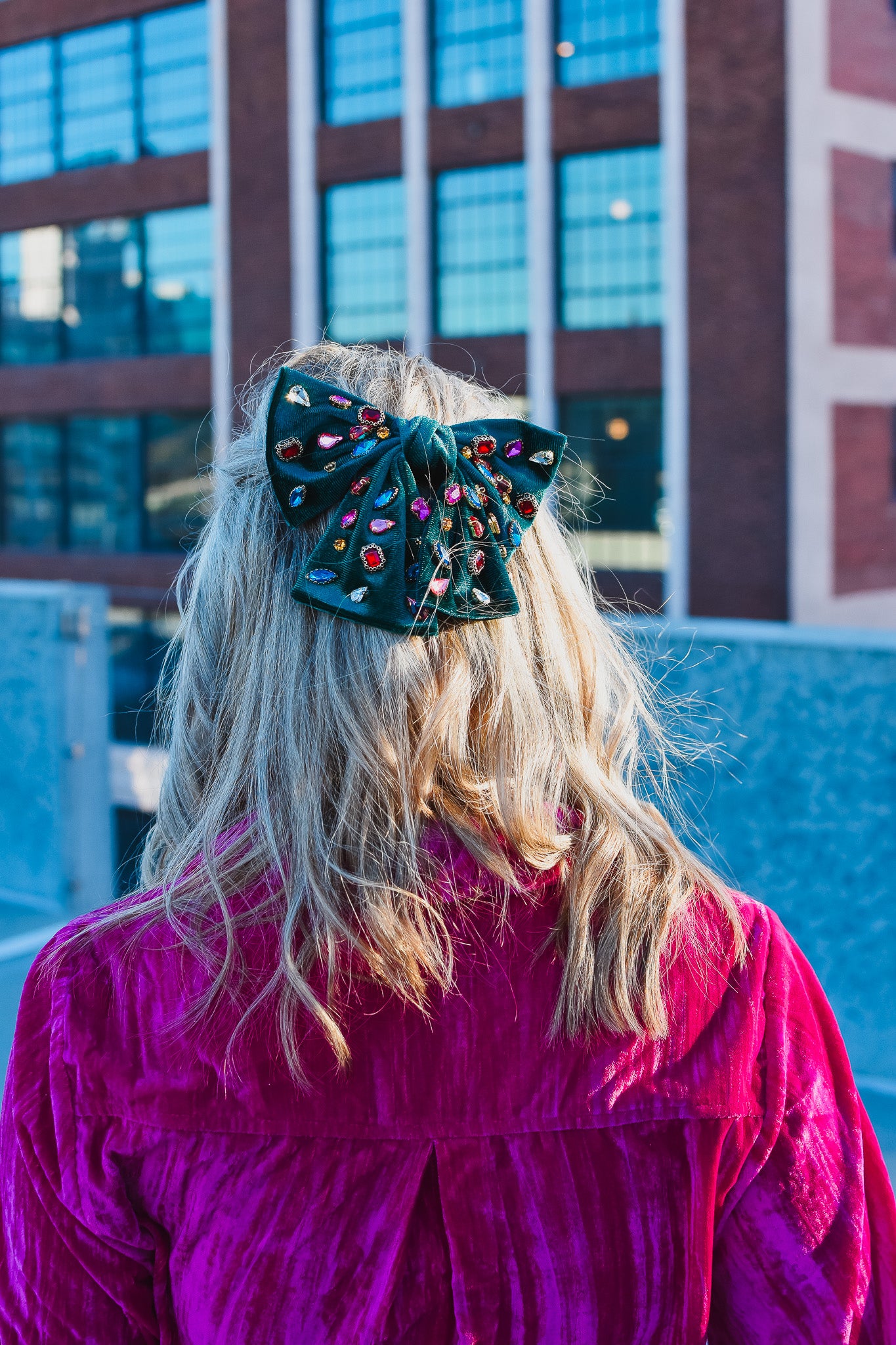 Green Velvet Rhinestone Bow Clip