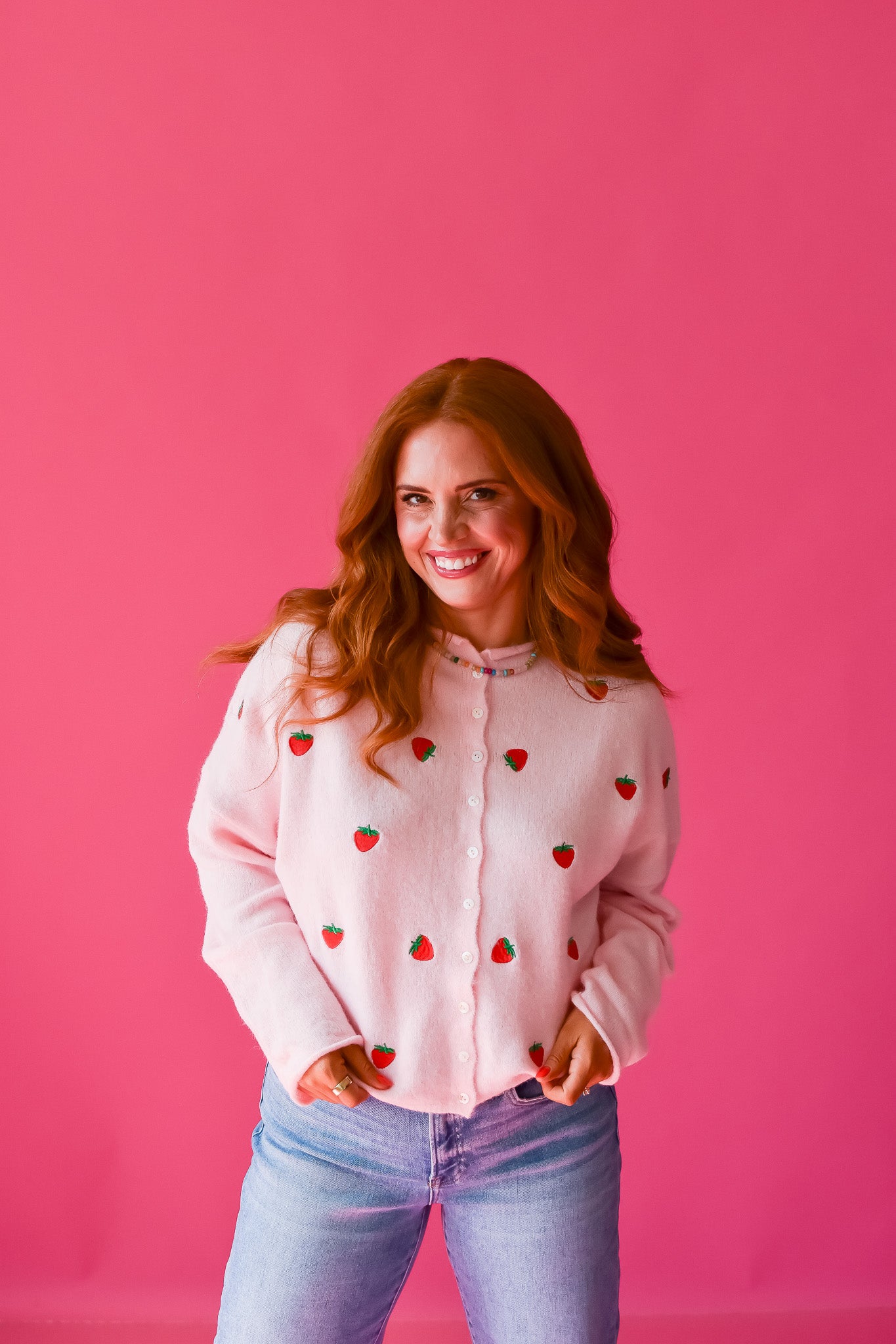 Piper Cardigan - Embroidered Pink Strawberry