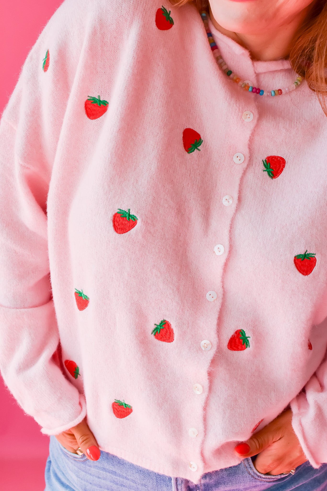 Piper Cardigan - Embroidered Pink Strawberry