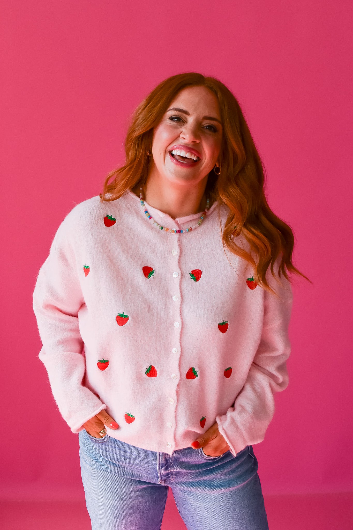 Piper Cardigan - Embroidered Pink Strawberry