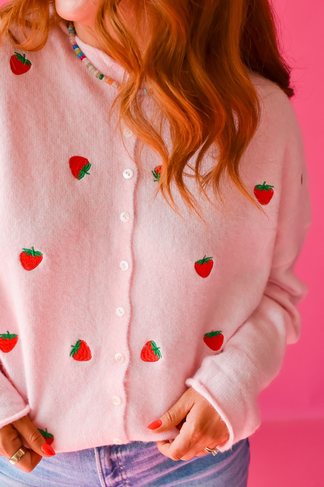 Piper Cardigan - Embroidered Pink Strawberry