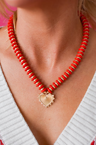 Anna Beaded Heart Necklace - Red