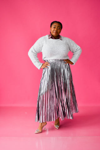 Sofie Metallic Pleated Midi Skirt in Silver
