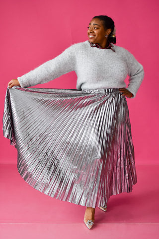 Sofie Metallic Pleated Midi Skirt in Silver