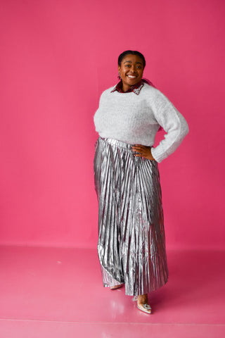 Sofie Metallic Pleated Midi Skirt in Silver