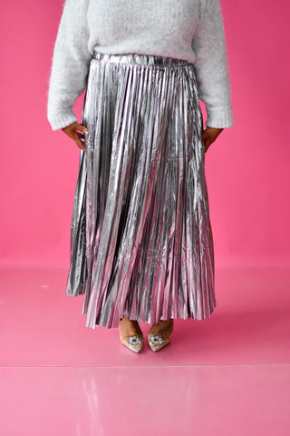 Sofie Metallic Pleated Midi Skirt in Silver