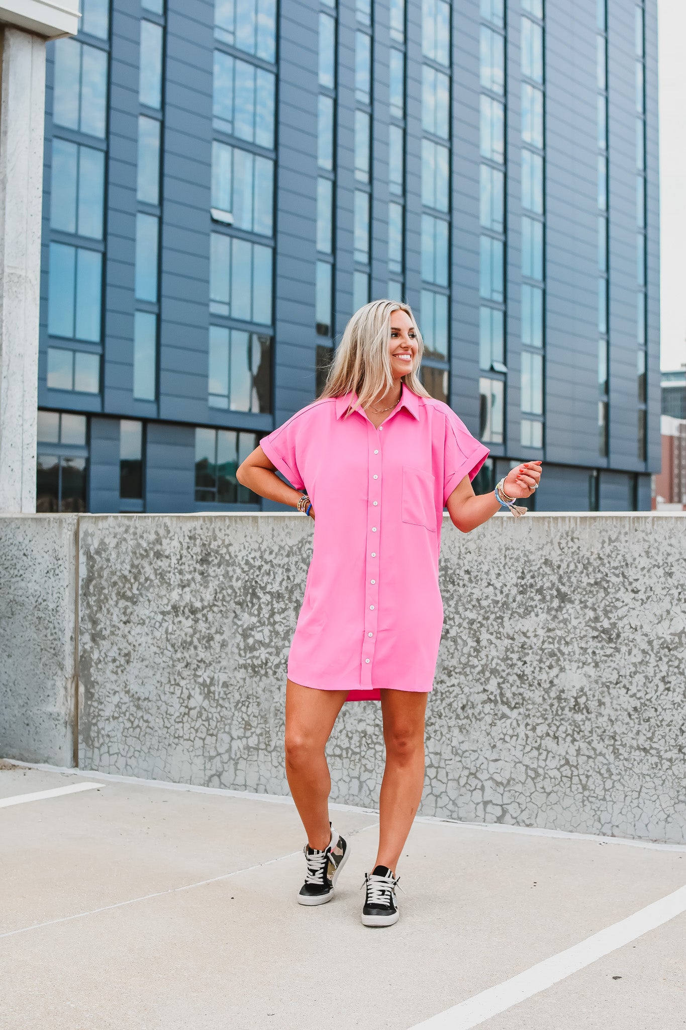Greer Button Up Dress in Pink