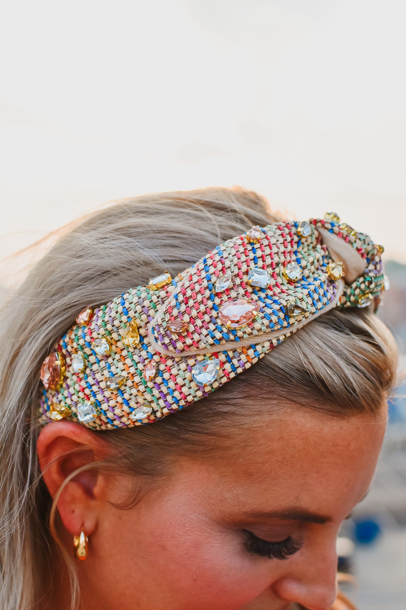 Rainbow Raffia Rhinestone Headband