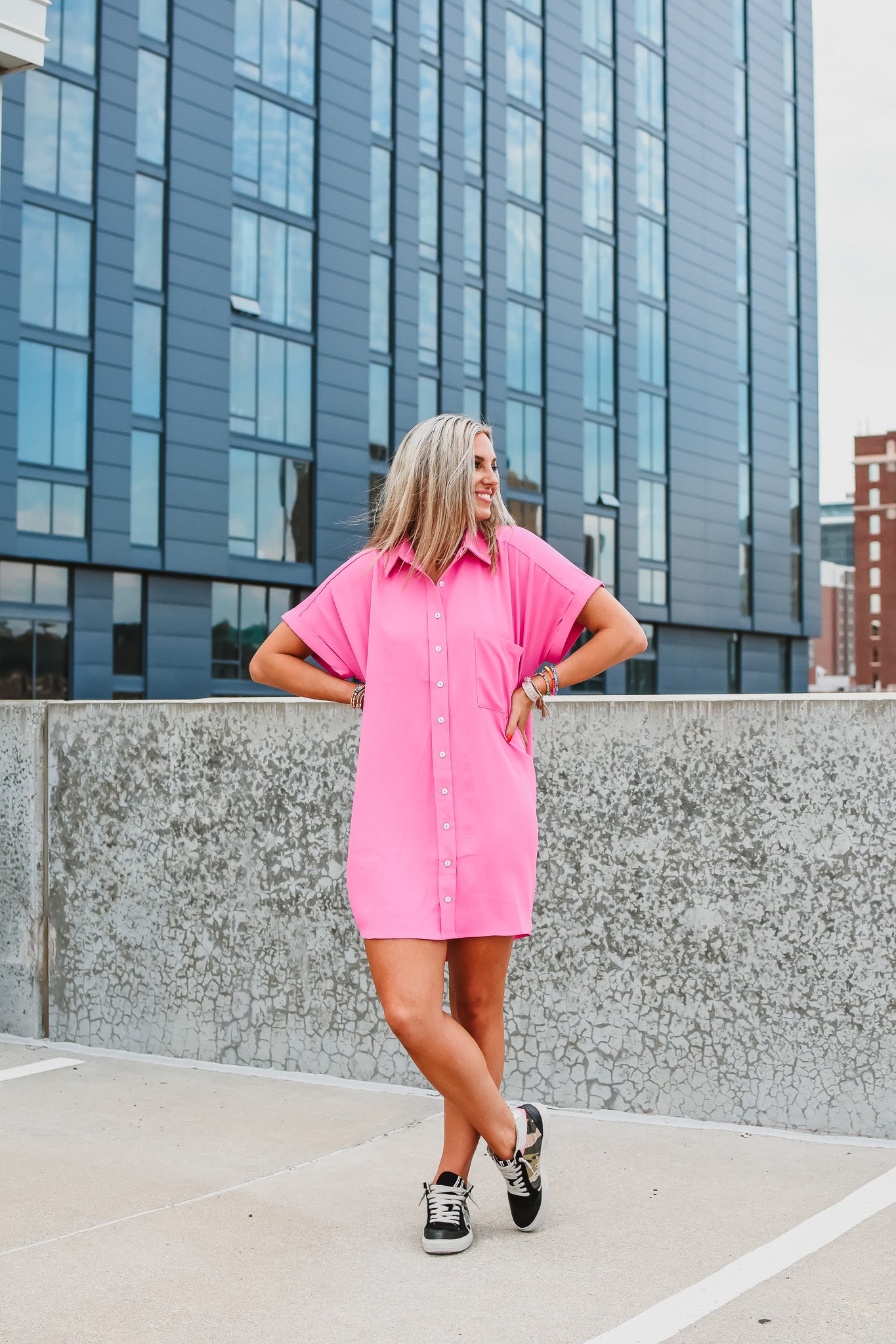 Greer Button Up Dress in Pink
