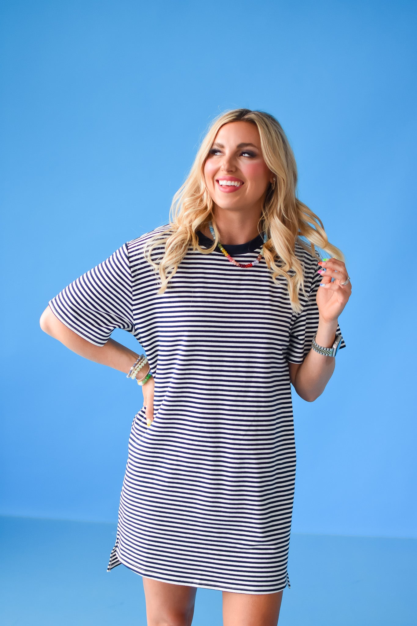 Britty Striped Tee Shirt Dress in Navy