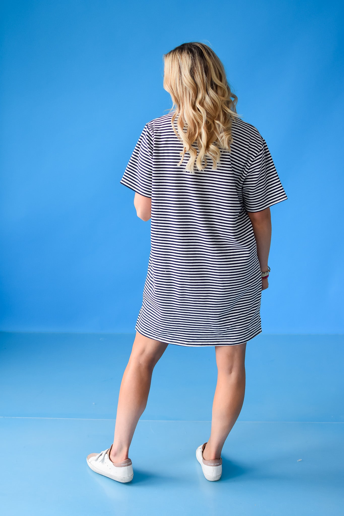 Britty Striped Tee Shirt Dress in Navy
