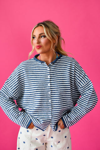 Piper Cardigan - Denim Mini Stripe RESTOCK
