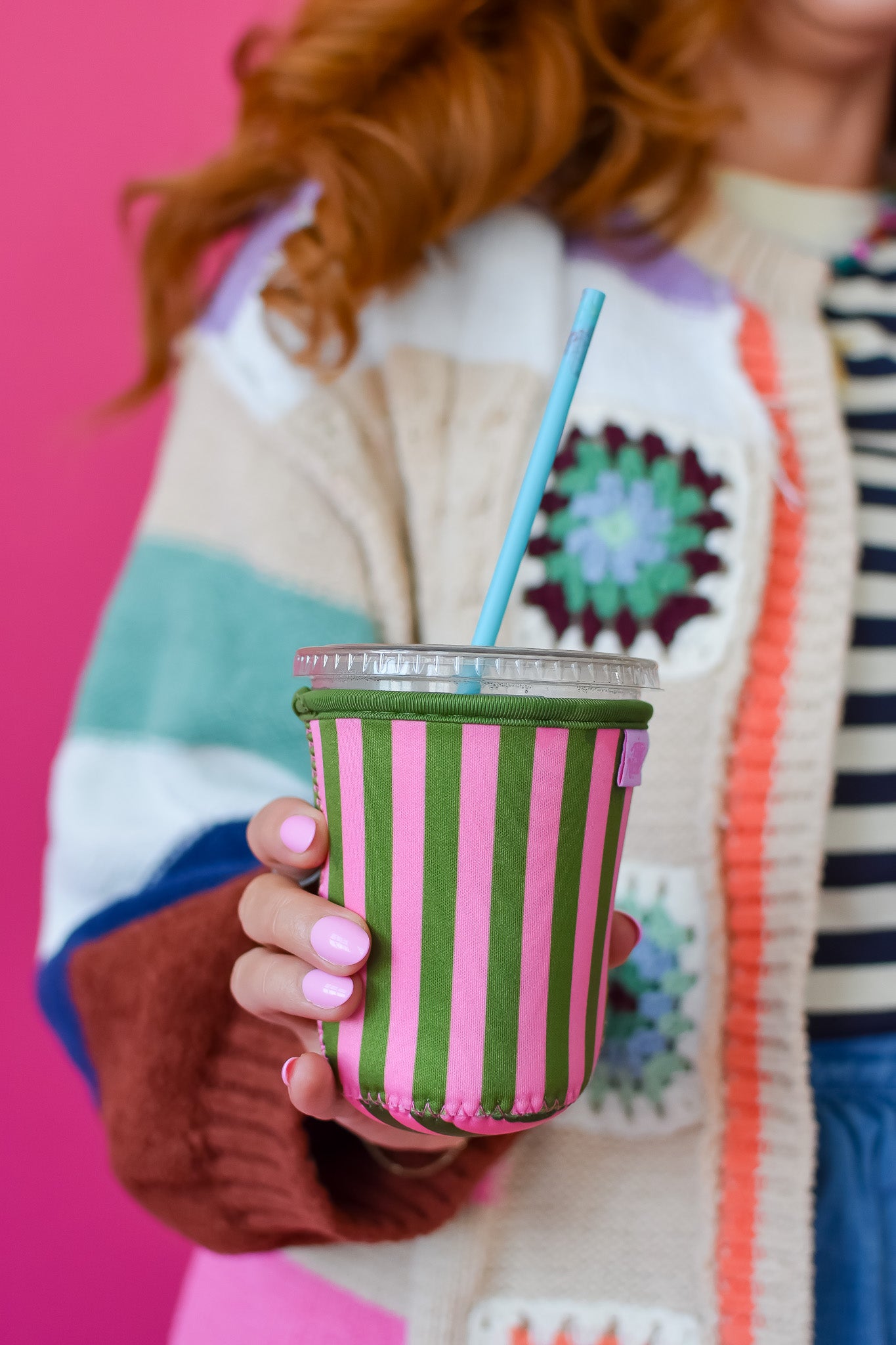Coffee Sleeve 16 oz - Pink & Olive Stripes