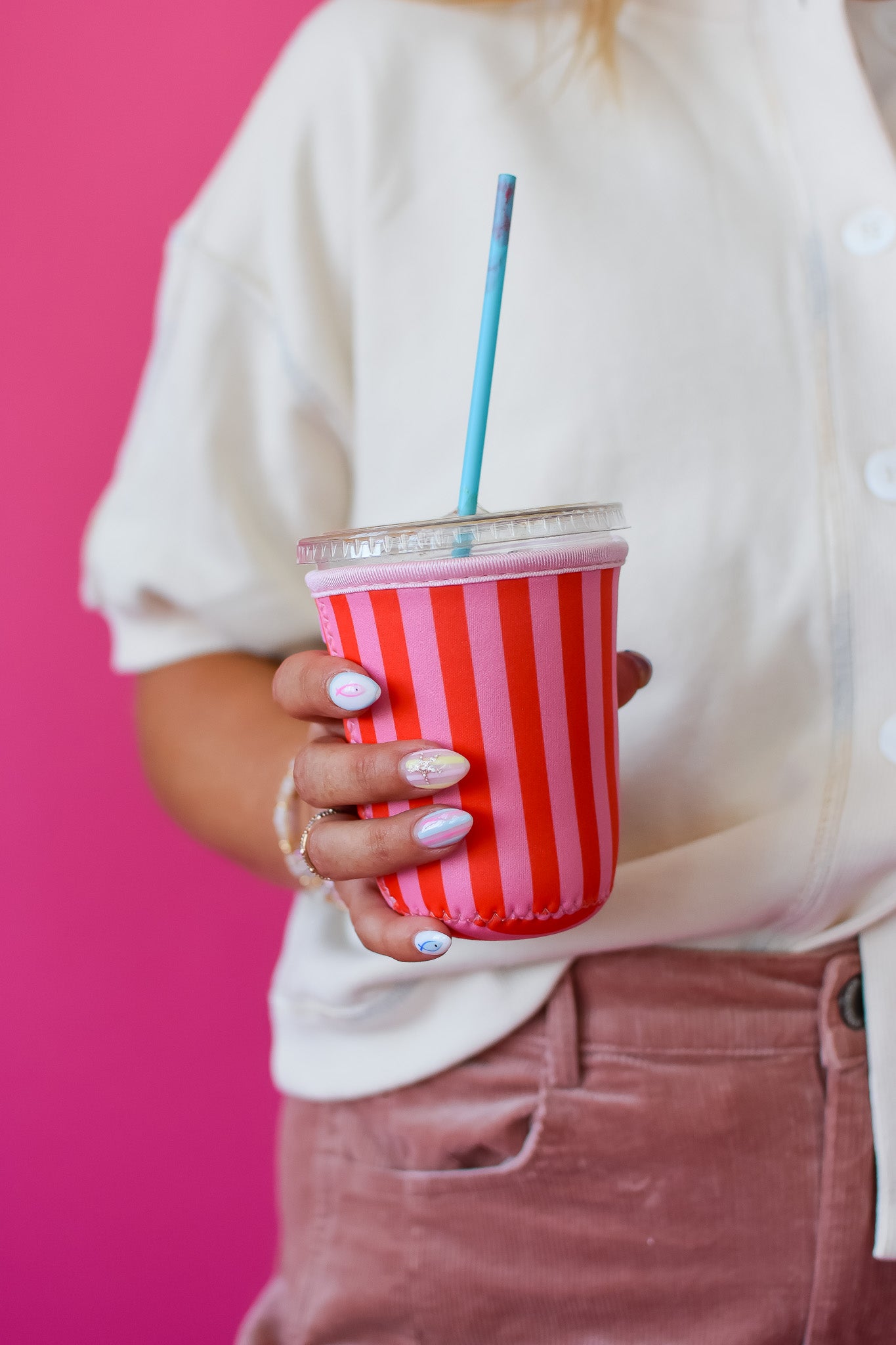 Coffee Sleeve 16 oz -Pink & Red Stripes