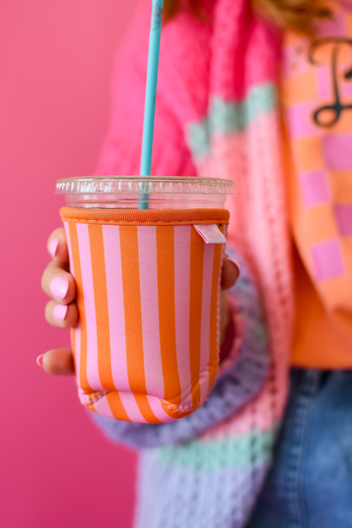 Coffee Sleeve 16 oz - Pink and Orange Stripes