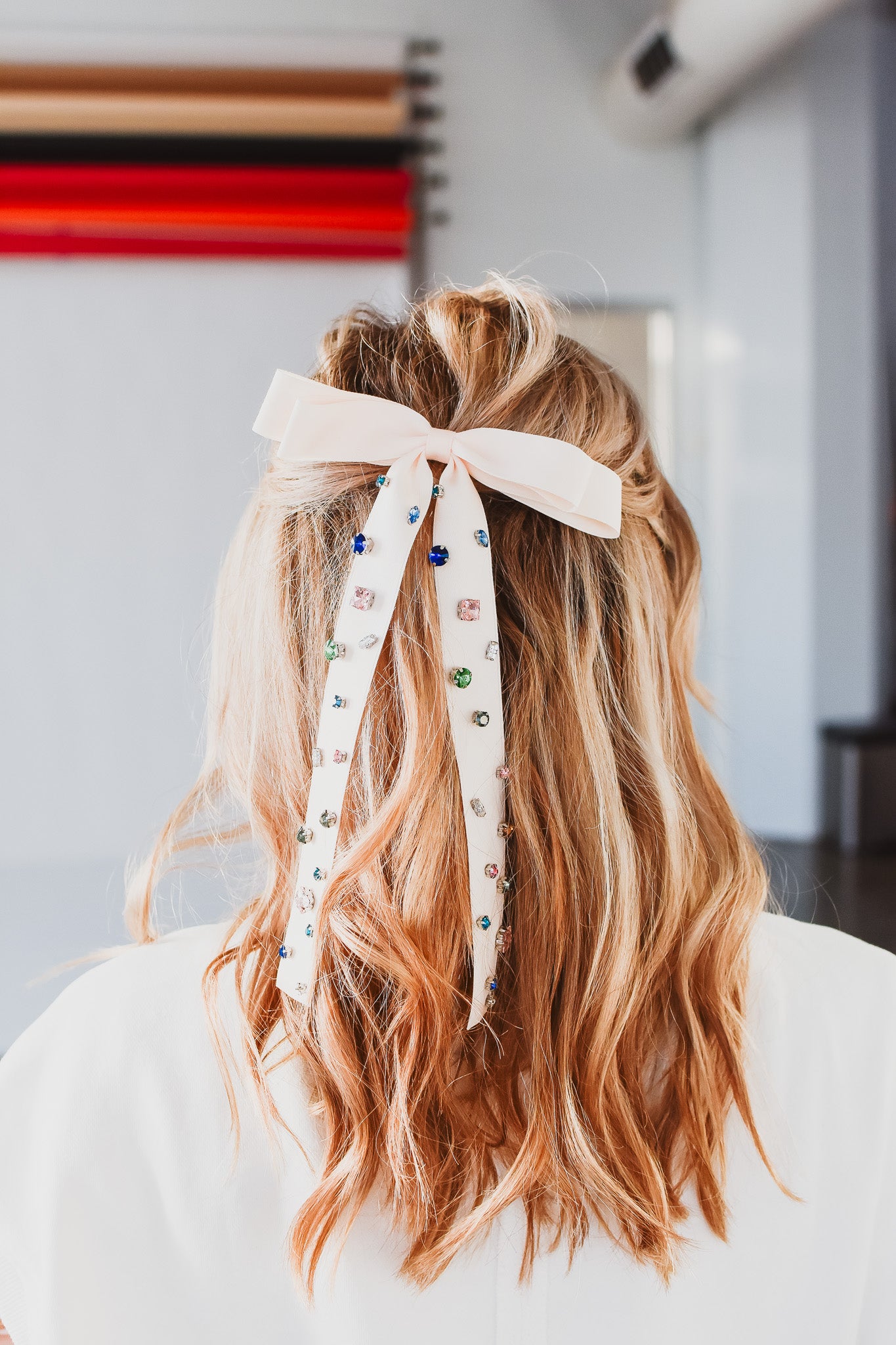 Colorful Rhinestone Ribbon Hair Clip - White