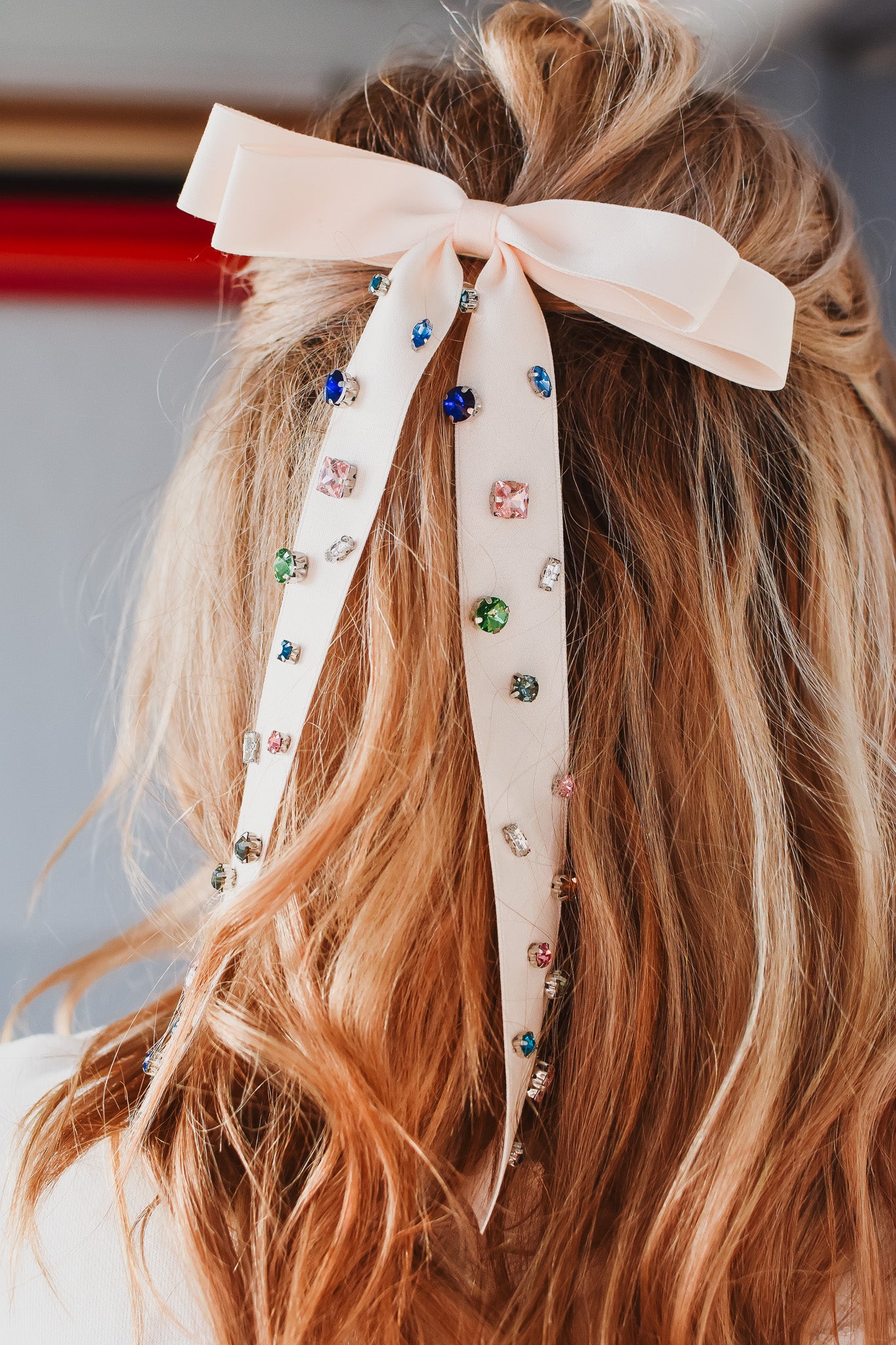 Colorful Rhinestone Ribbon Hair Clip - White