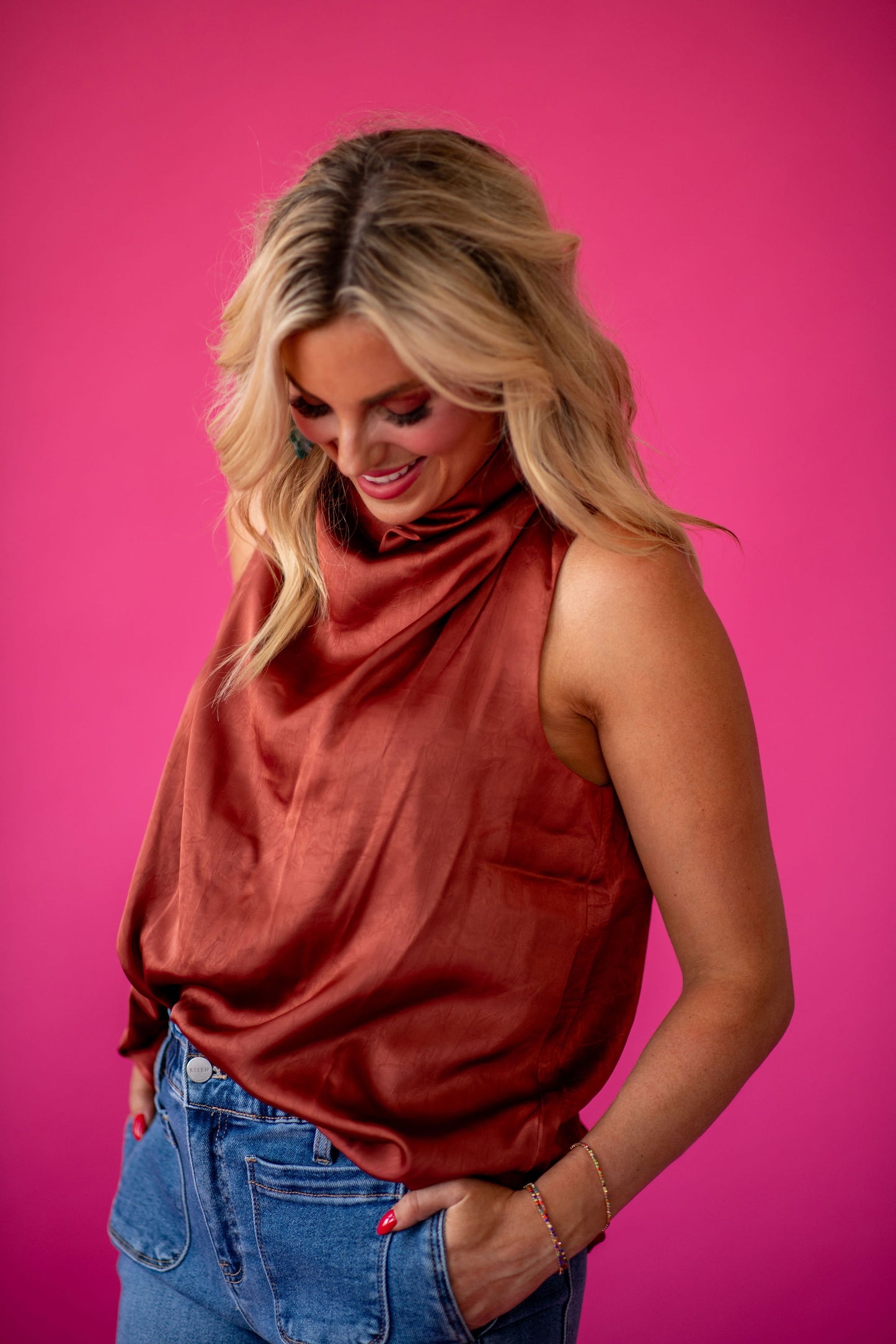Maria Silk Sleeveless Top in Cognac