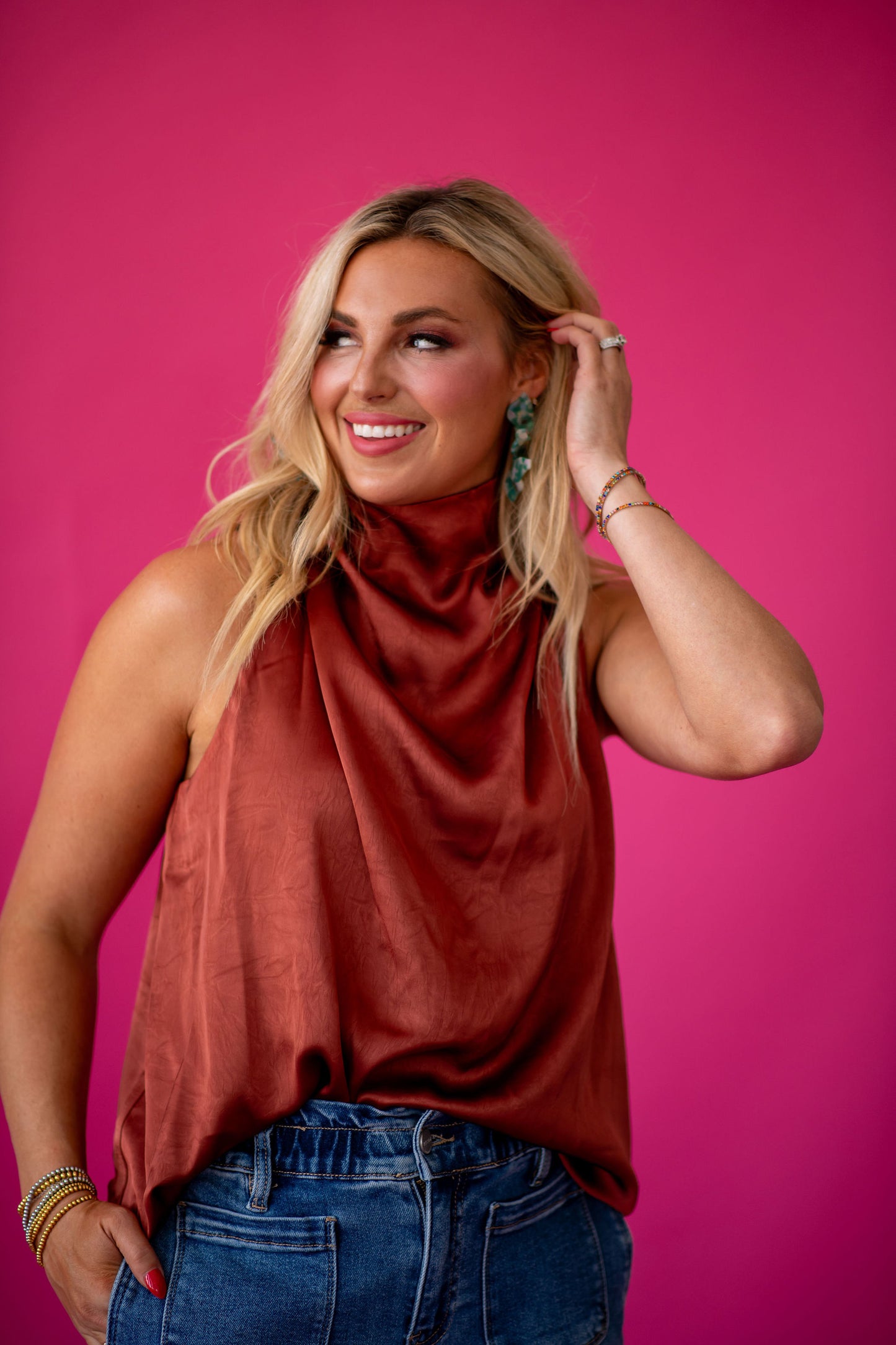Maria Silk Sleeveless Top in Cognac