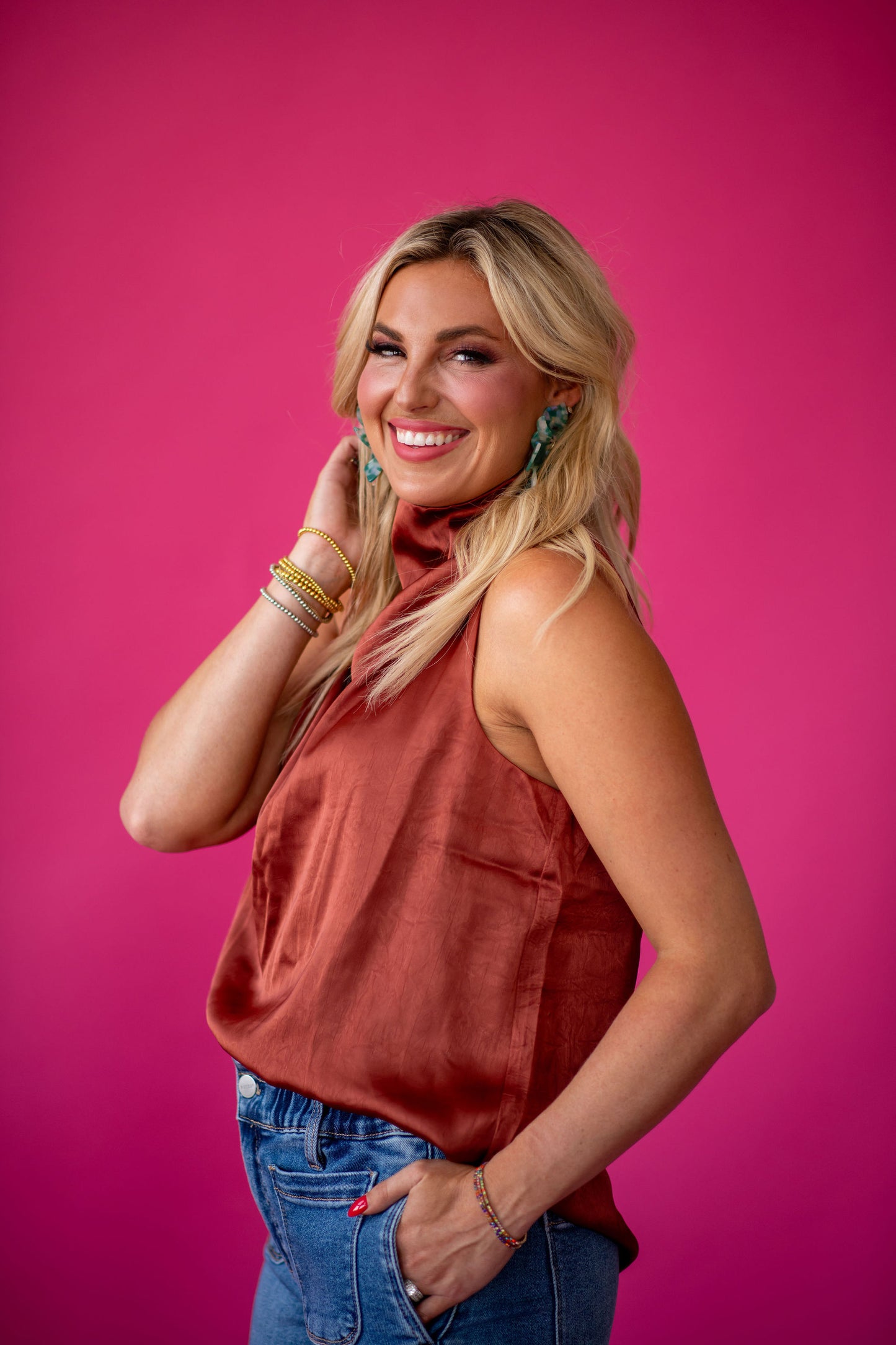 Maria Silk Sleeveless Top in Cognac