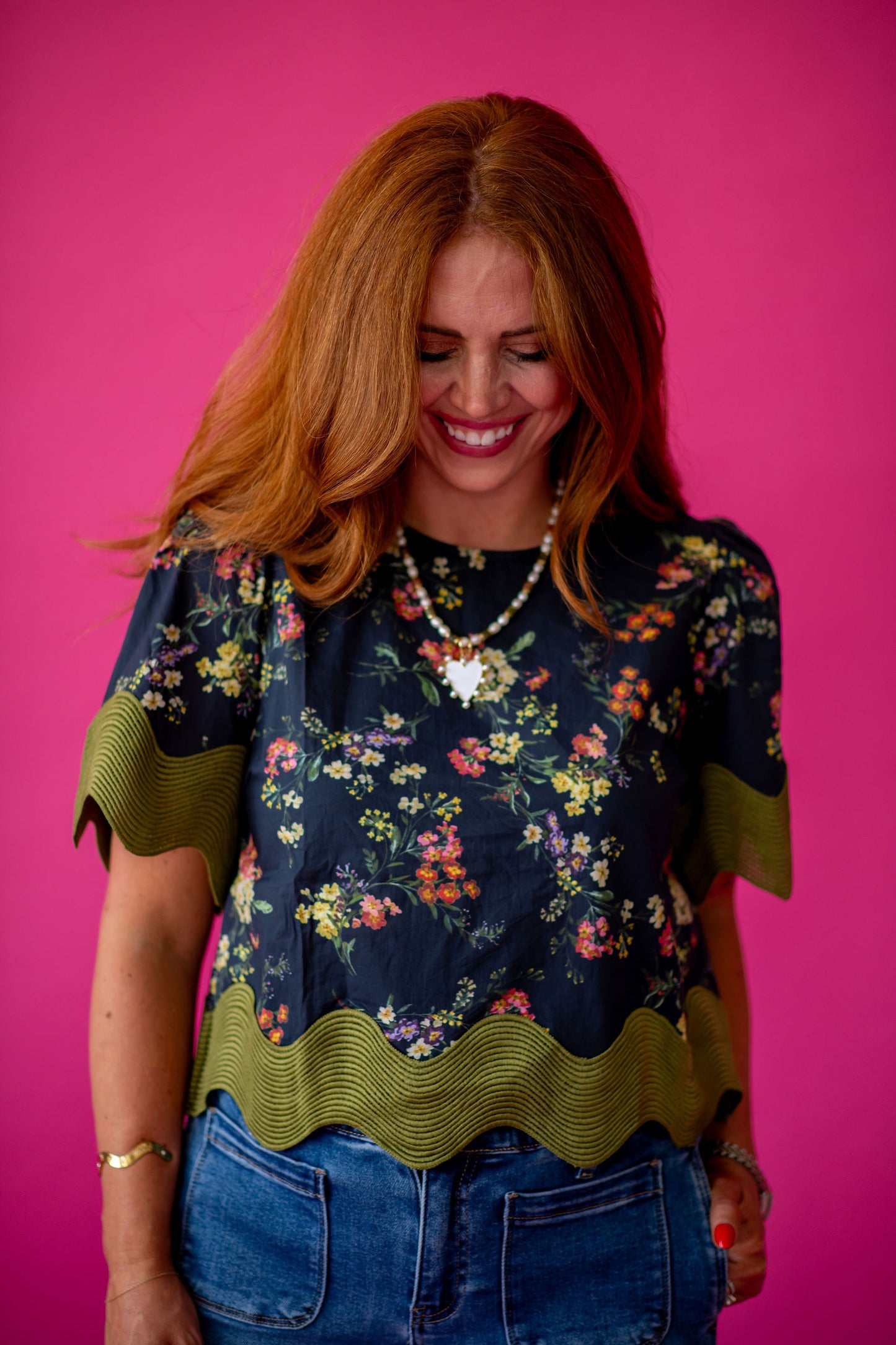 Naomi Scallop Hem Floral Top in Black