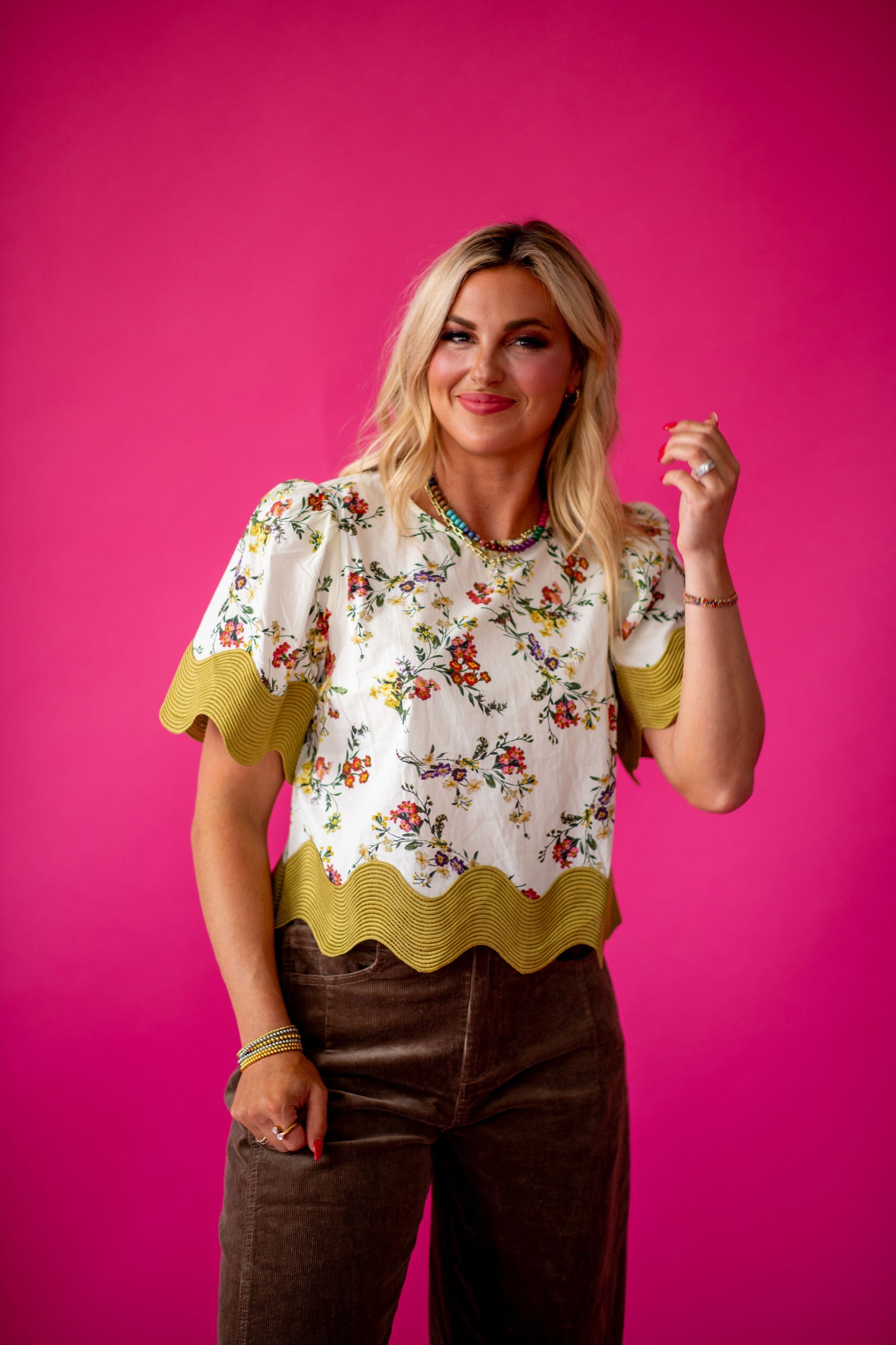 Naomi Scallop Hem Floral Top in Ecru