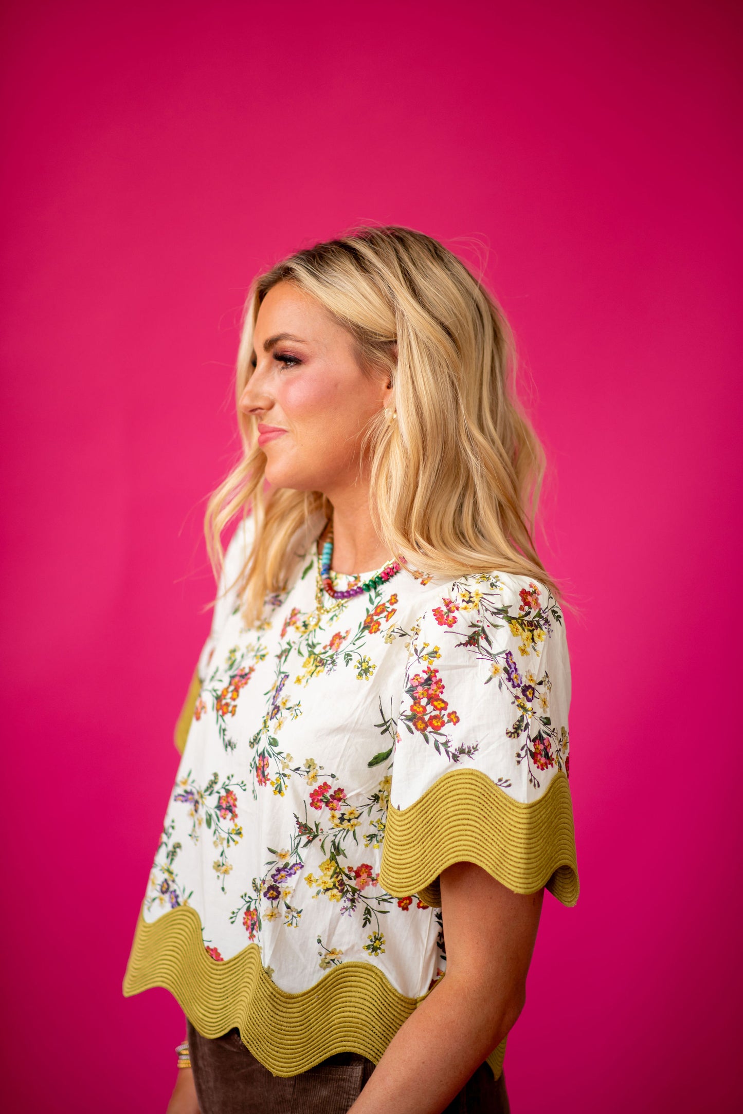 Naomi Scallop Hem Floral Top in Ecru