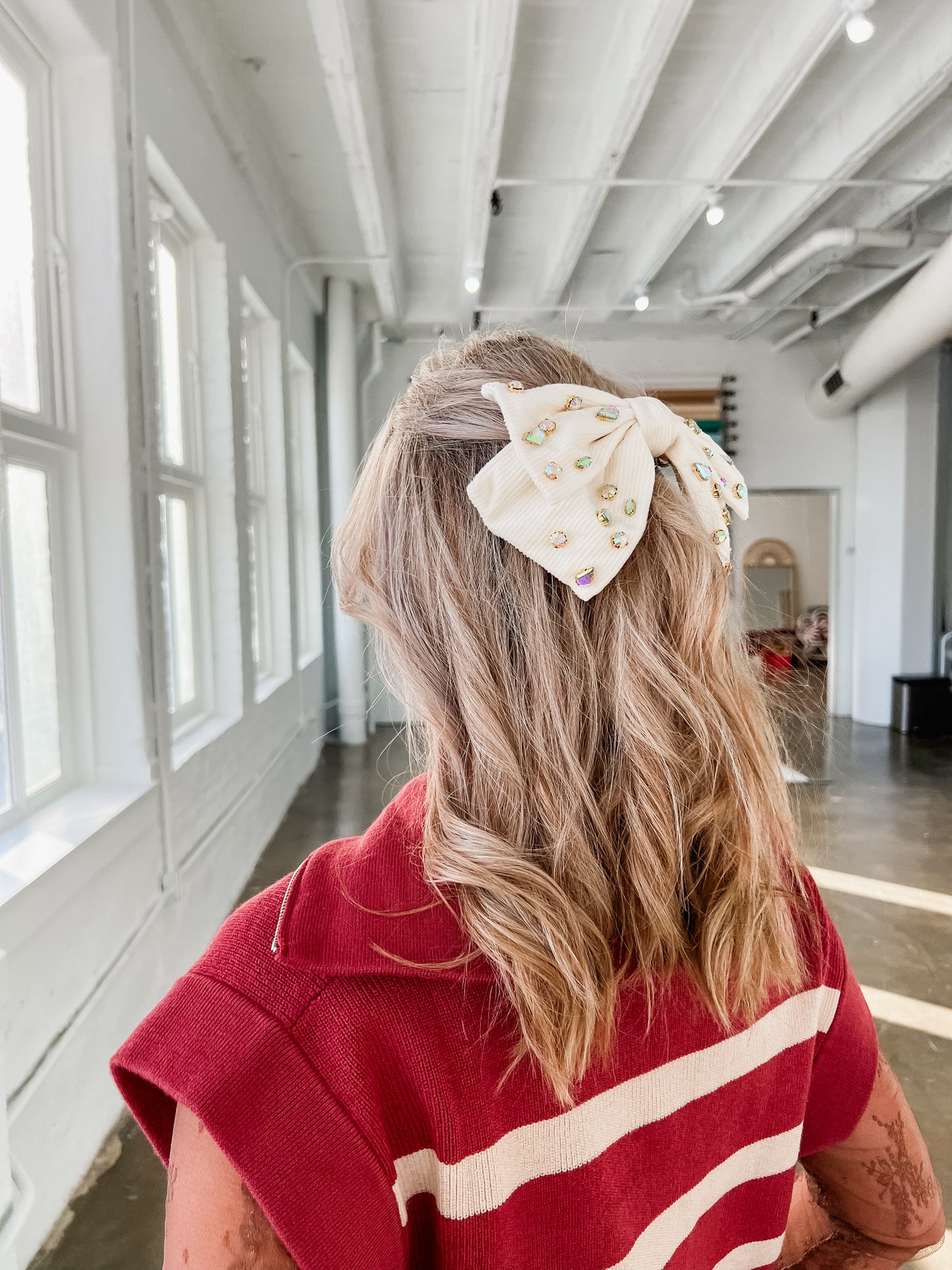 Velvet Rhinestone Bow in Ivory