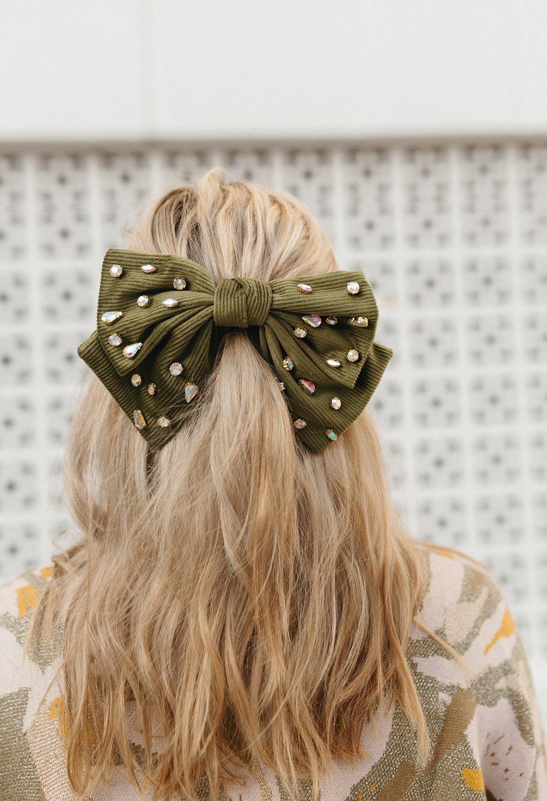 Velvet Rhinestone Bow in Olive - RESTOCK